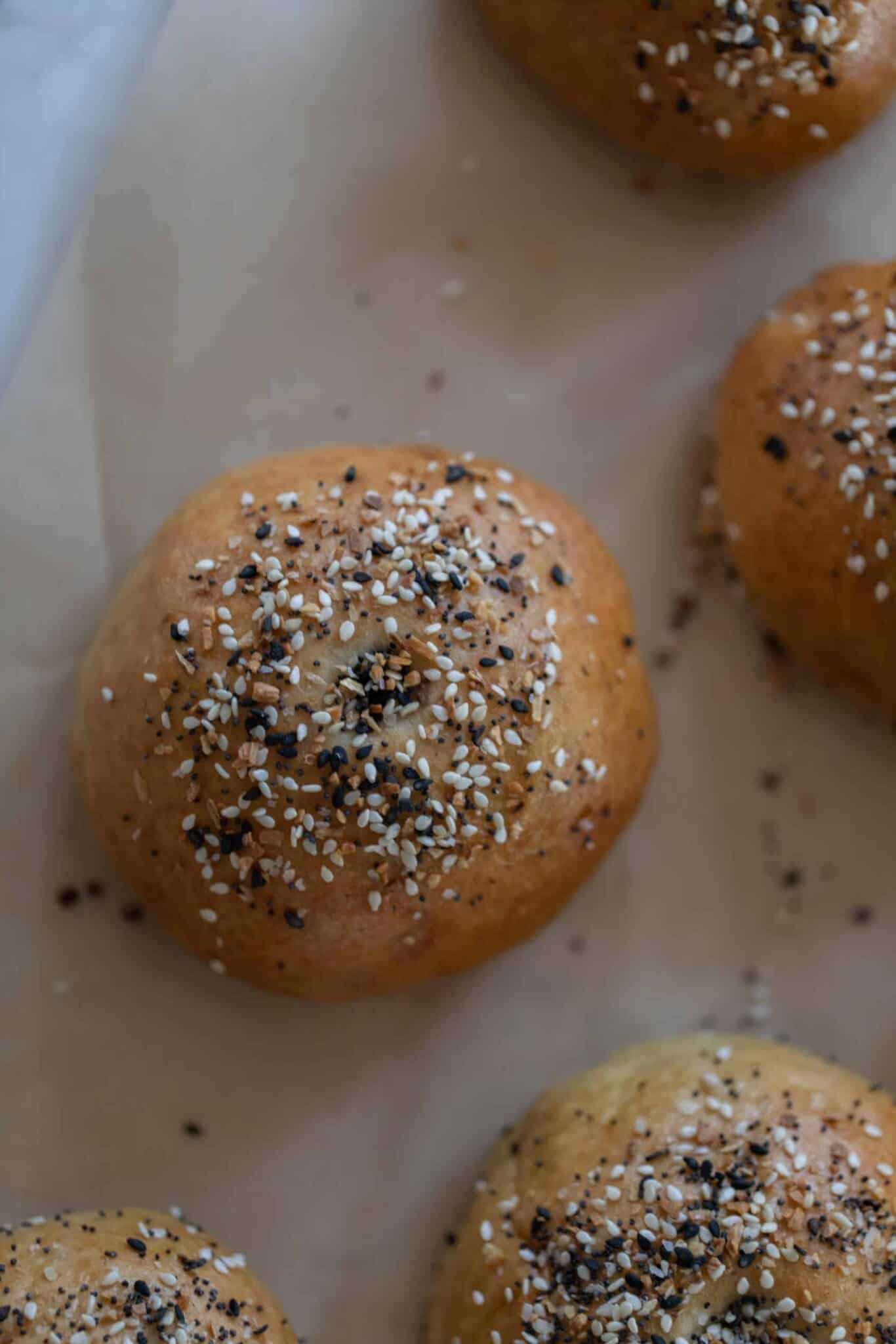 overhead photo of sourdough bagels topped with everything but the bagel seasoning