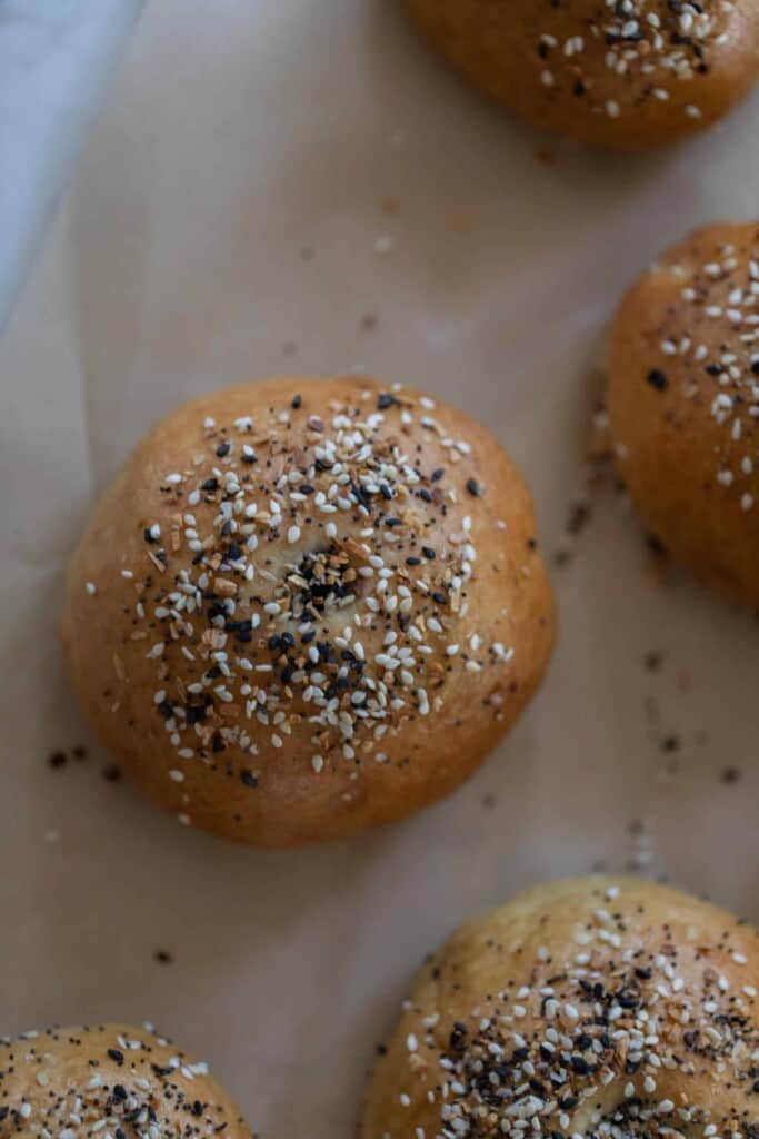 overhead photo of sourdough bagels topped with everything but the bagel seasoning