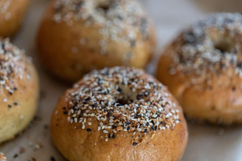close up picture of four sourdough discard bagels topped with everything seasoning