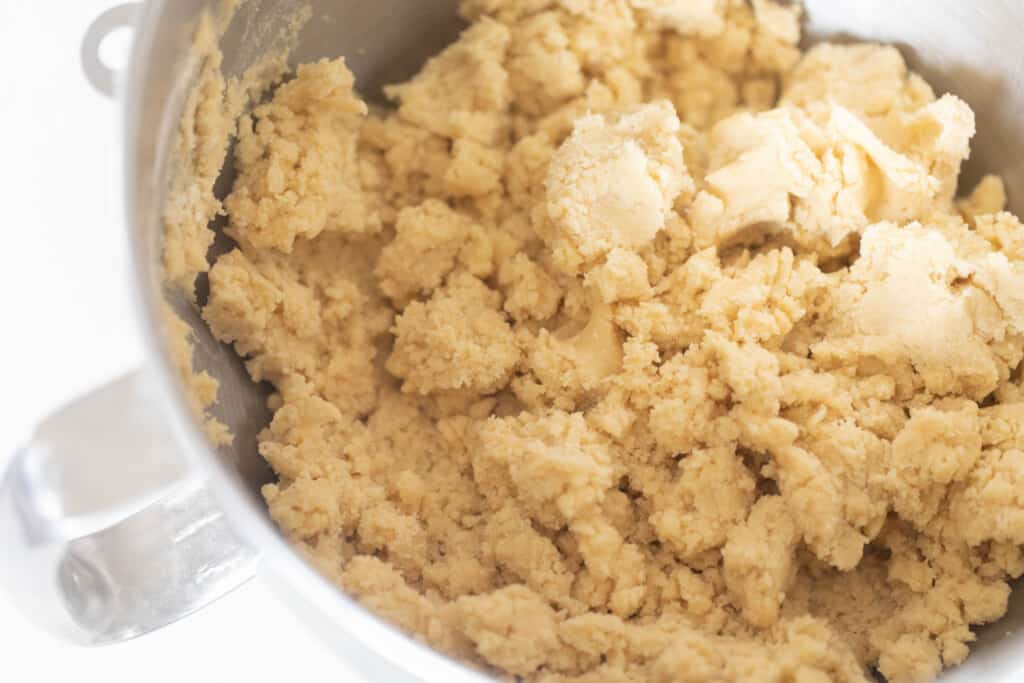 mixed up sourdough shortbread cookie dough in a stainless steel stand mixer bowl