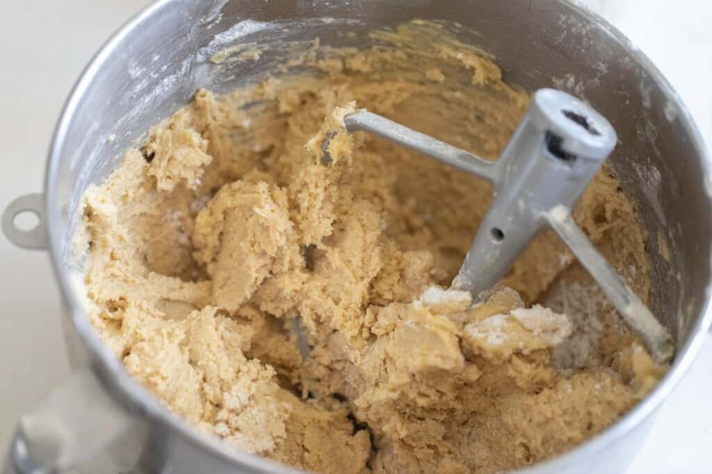 snickerdoodle cookie dough in a stand mixer bowl with a paddle attachment