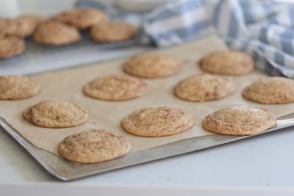 sourdough snickerdoodle on a parchment lined baking sheet with blue and white stripped towels in the background