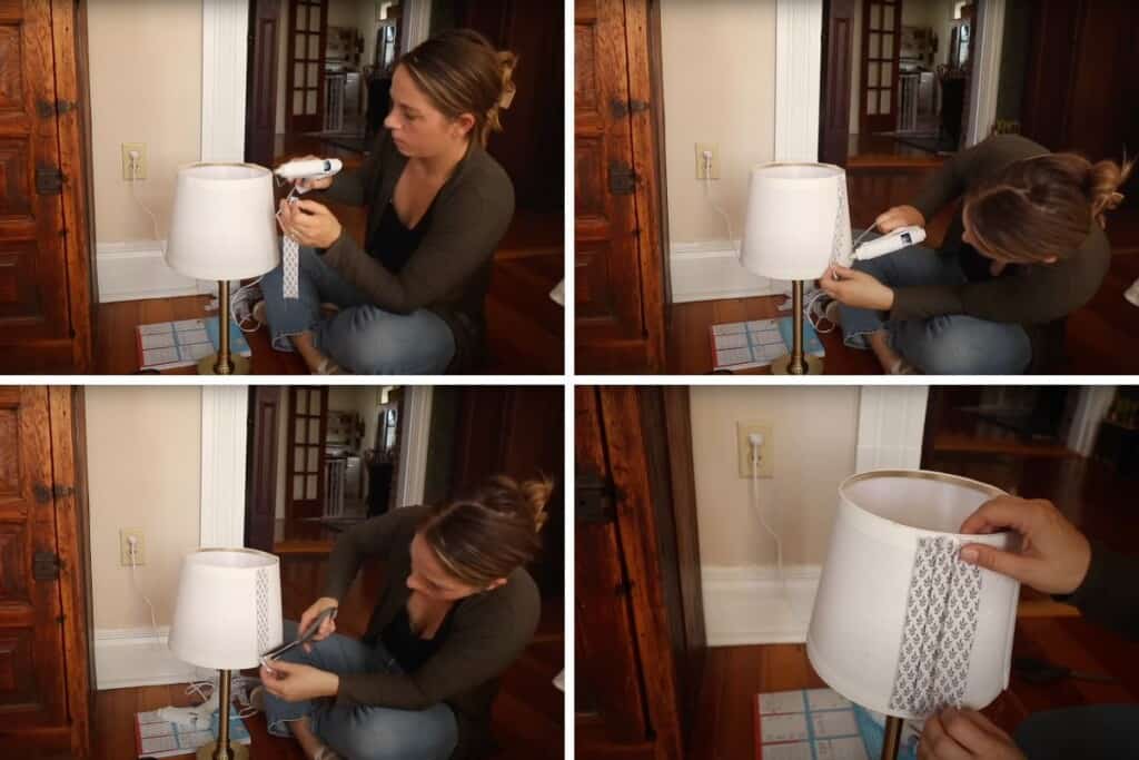 Woman gluing strips of fabric to a white plain lampshade to create a DIY pleated lampshade