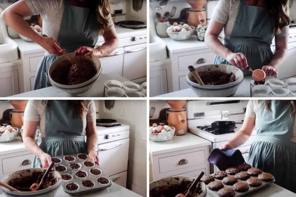 four images showing a woman mixing the final ingredients for einkorn protein muffins and adding to muffin tin and baking