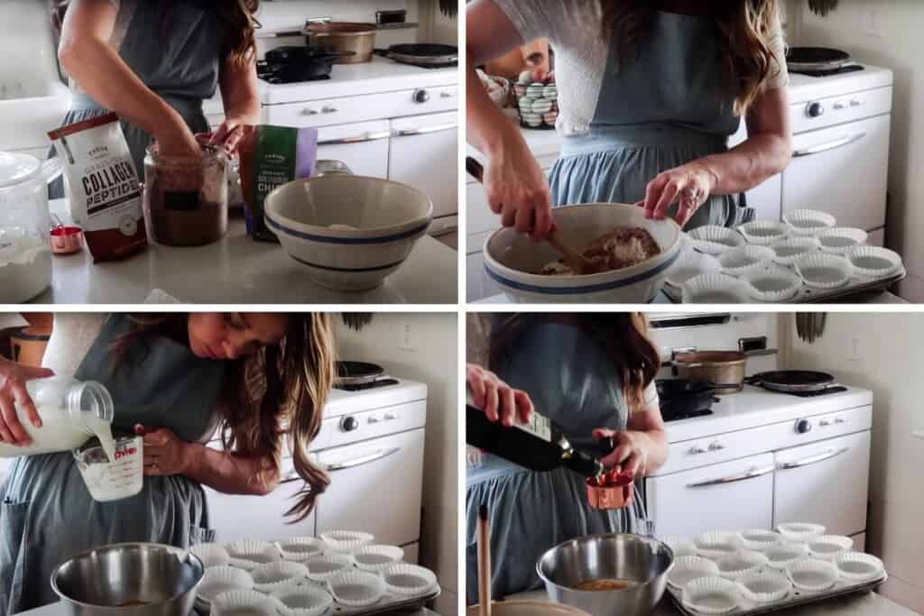 four images showing a woman making einkorn protein muffins