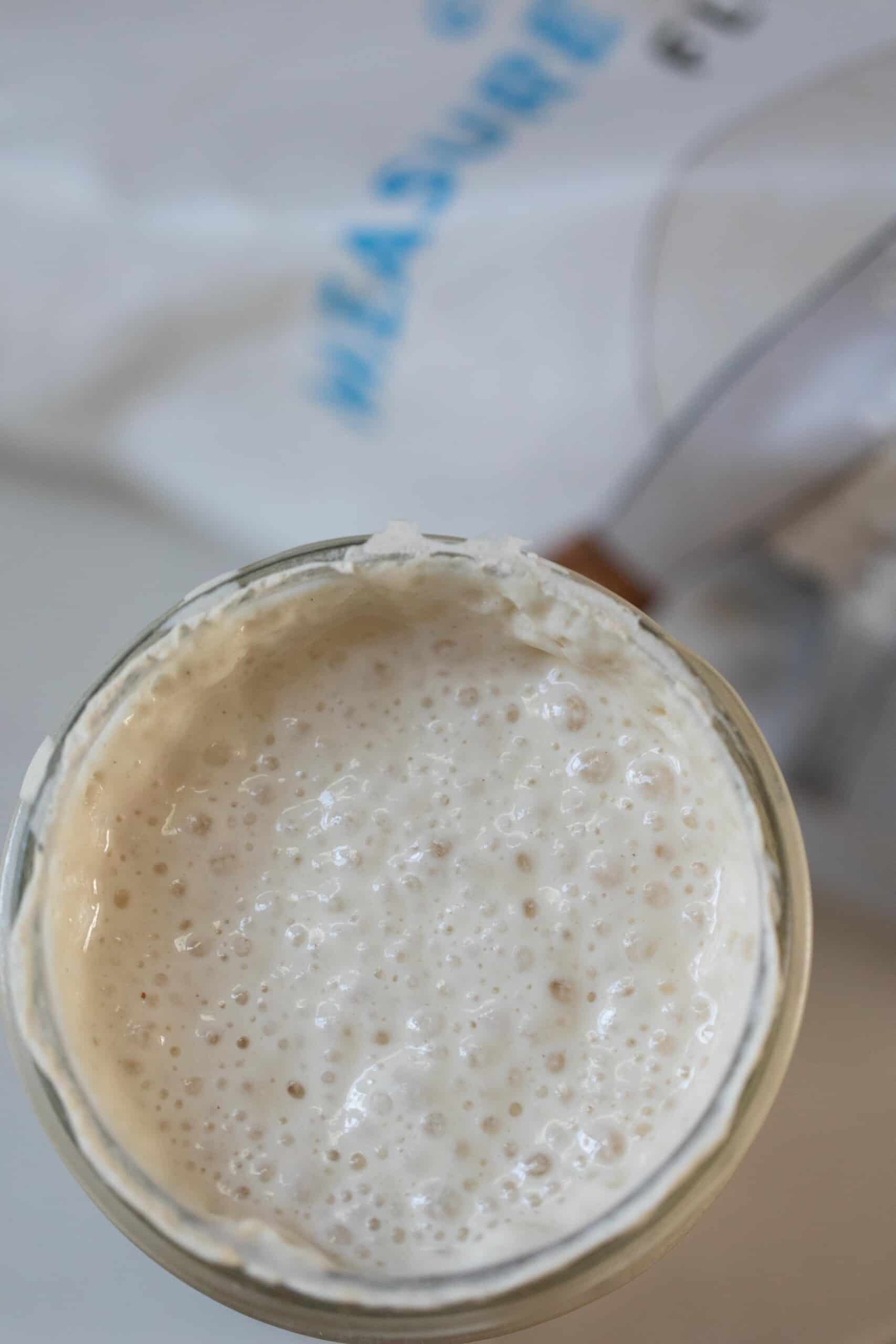 overhead photo of bubbly gluten free sourdough starter in a jar on