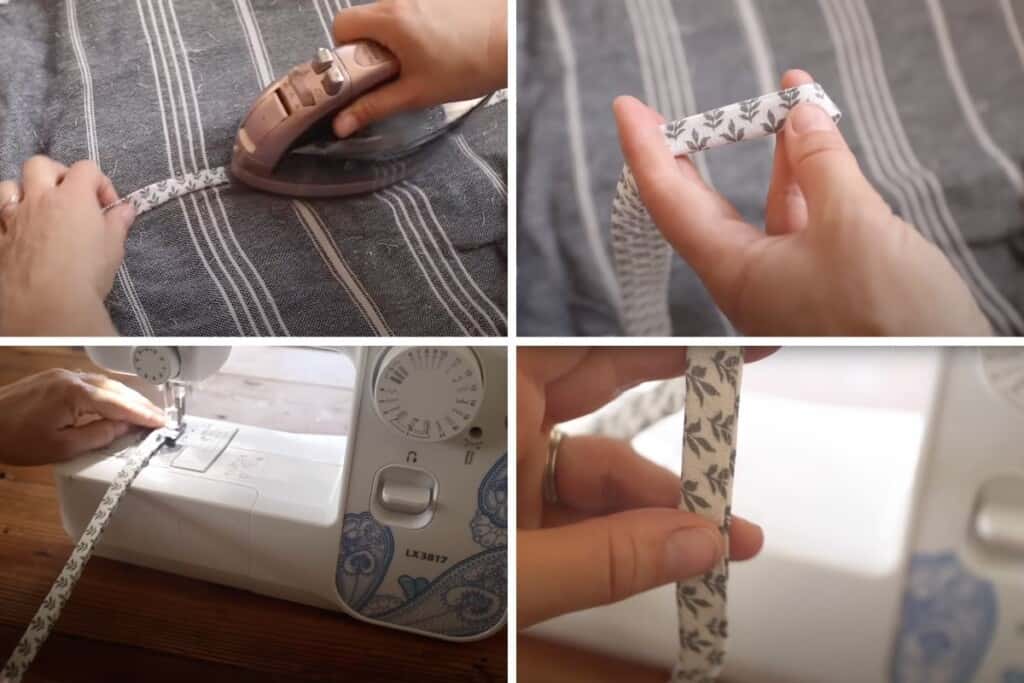 Ironing a strip of fabric on a blue towel and sewing the strip of fabric