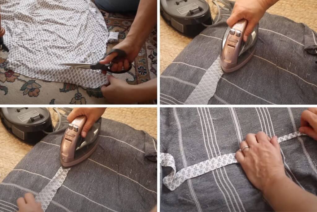 Cutting strips of fabric and ironing them on a blue and white striped towel