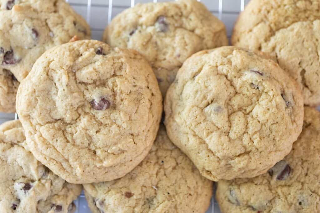 sourdough chocolate chip cookies sitting closely together and overlapping