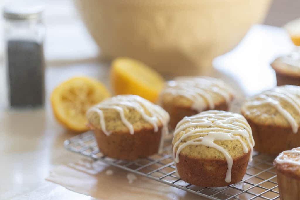 6 lemon poppy seed sourdough muffins on a wire rack with lemon halves and a bowl in the background