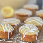 ten lemon poppy seed sourdough muffins with a lemon glaze drizzled over top on a wire rack with two lemons and a large bowling the background