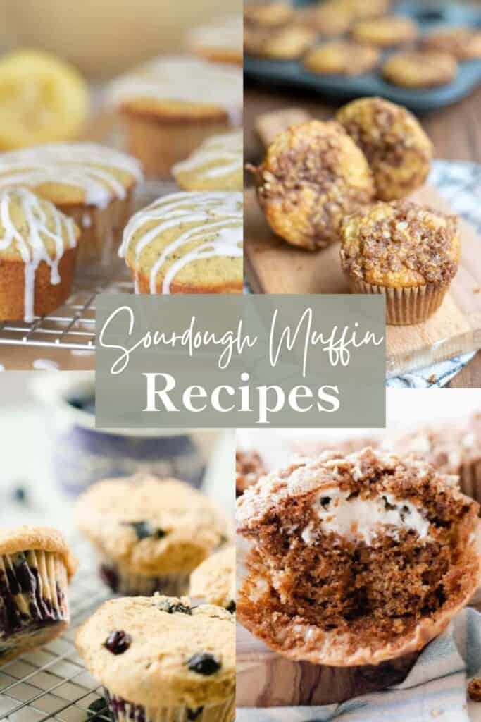 four pictures of a variety of sourdough muffins