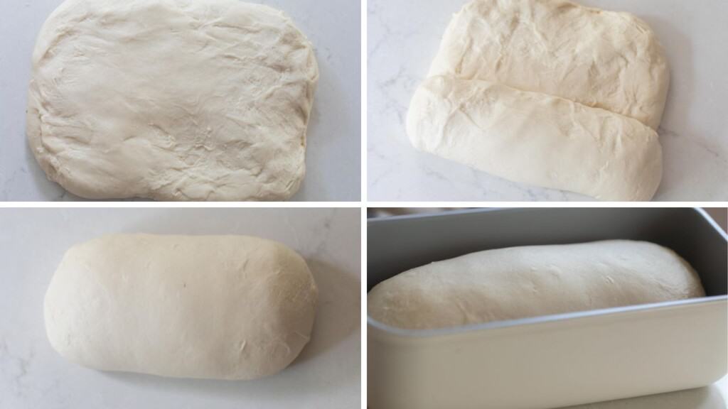 four pictures of shaping sourdough bread