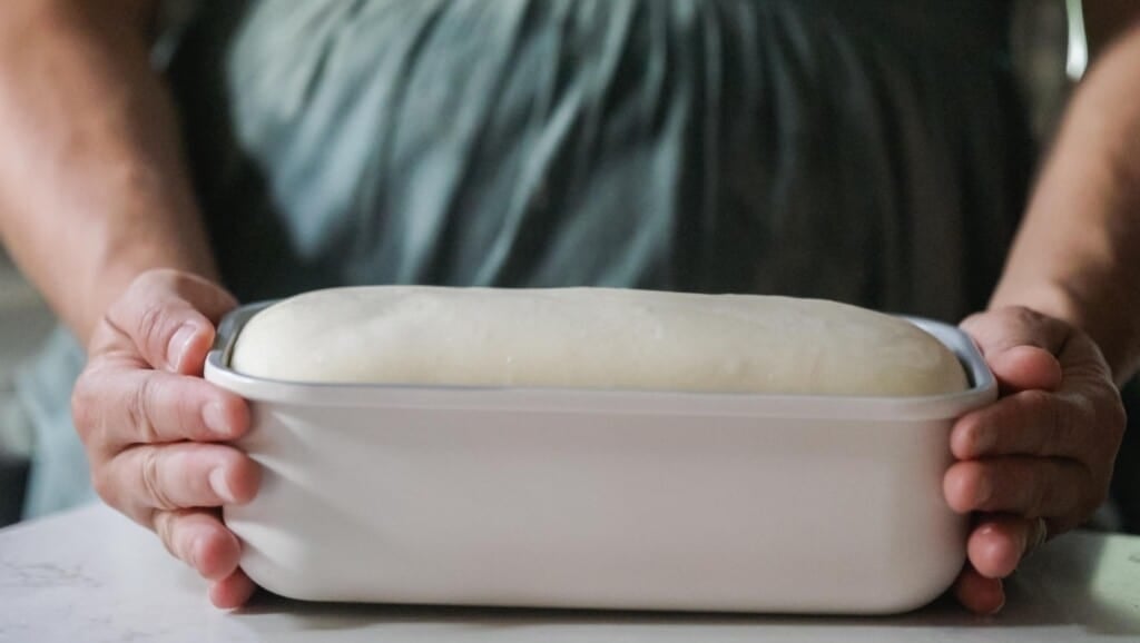 sourdough buttermilk bread dough risen in a loaf pan. A woman wearing a green apron is holding the pan