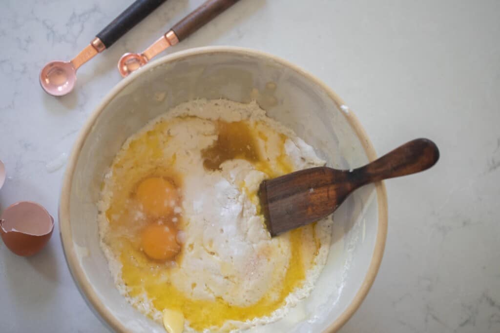 eggs, being mixed in to pancake batter