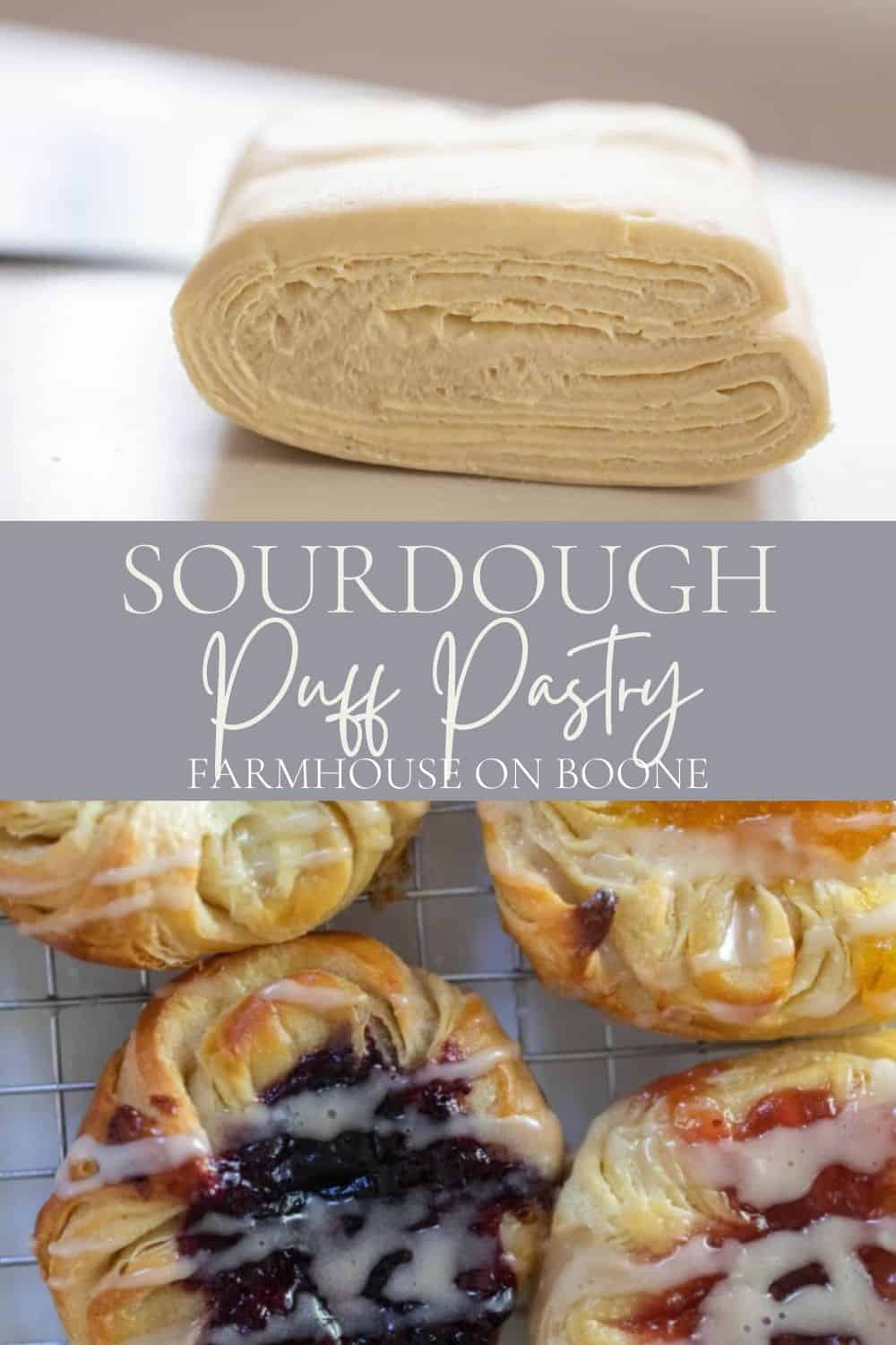 sourdough puff pastry folded up on a white countertop