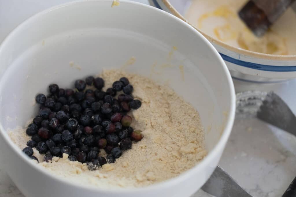 blueberry added to dry ingredients in a white bowl