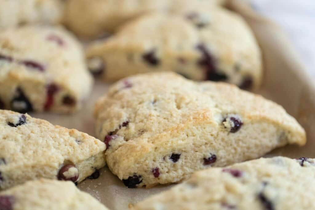 close up picture of sourdough blueberry scones on a parchment lined baking sheet