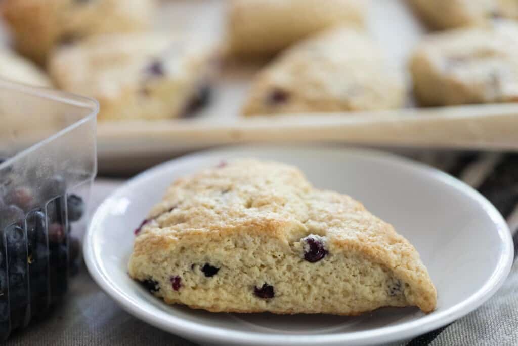 sourdough blueberry scone on a white plate with more scones in the background on a parchment lined baking sheet