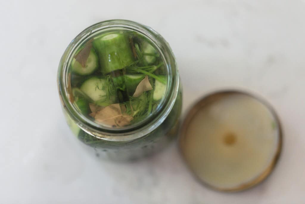 overhead photo of cucumbers in a salt water brine with dill and bay leaves. The jar sits on a white countertop  with a fermentation lid to the right