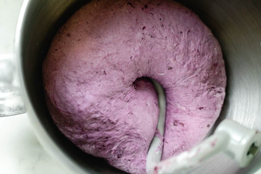 blueberry bagel dough in a bowl of a stand mixer