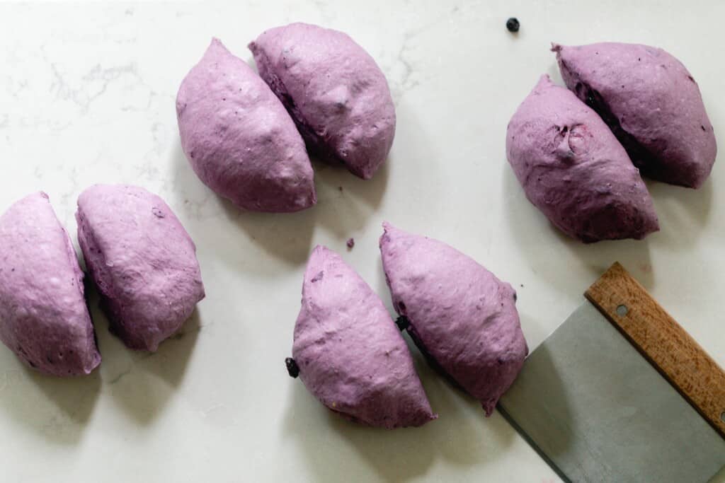 purple bagel dough divided into 8 on a white countertop with a bench scraper