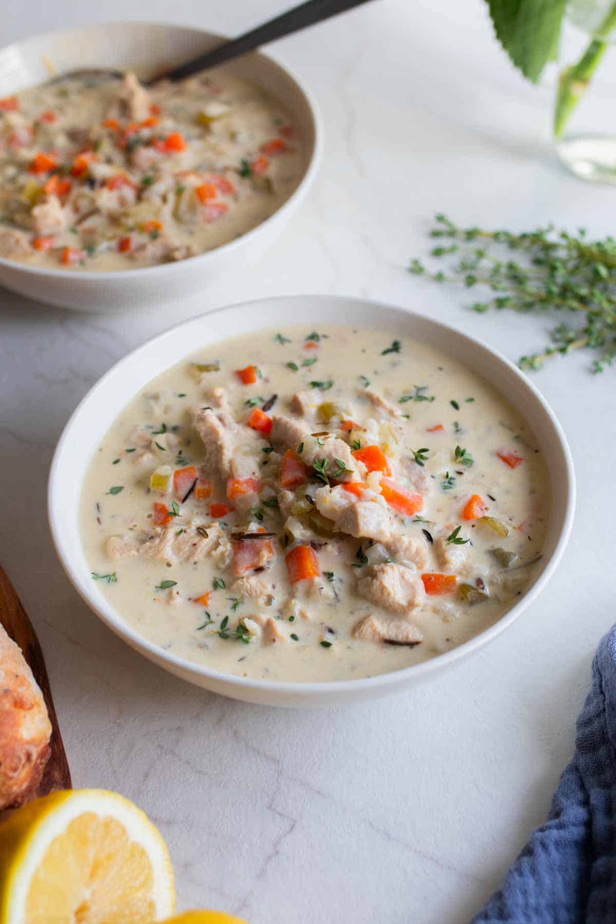 Two bowls of chicken and wild rice soup.