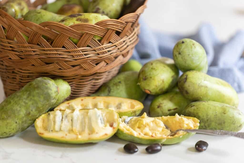 pawpaws scattered on a white countertop with a basket full of more pawpaws in the background