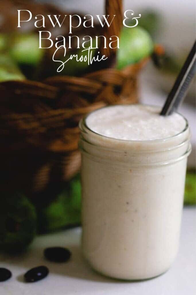 a creamy pawpaw smoothie in a glass mason jar with a metal straw on a white countertop with a basket of pawpaws in the background