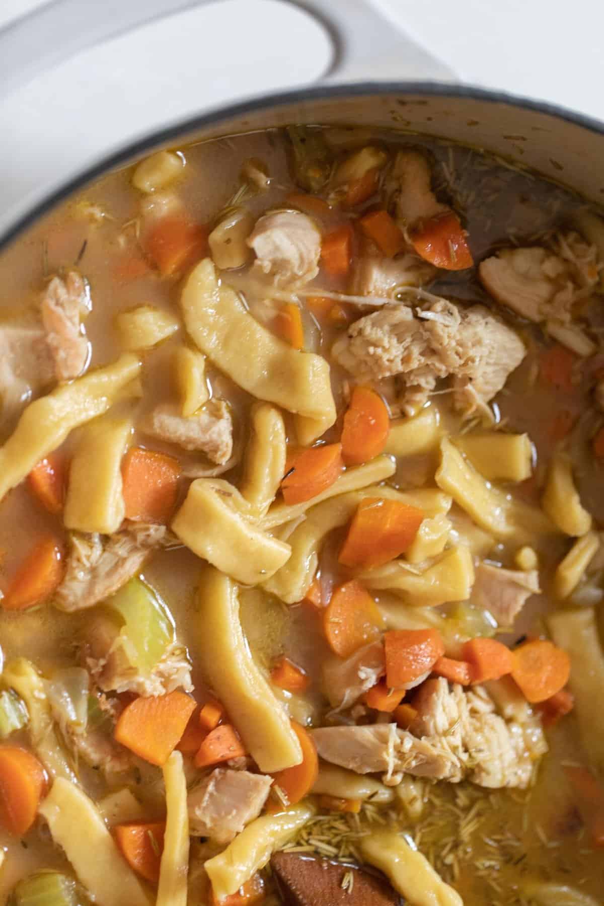 close up photo of a large pot full of chicken noodle soup with carrots, chicken, and homemade noodles