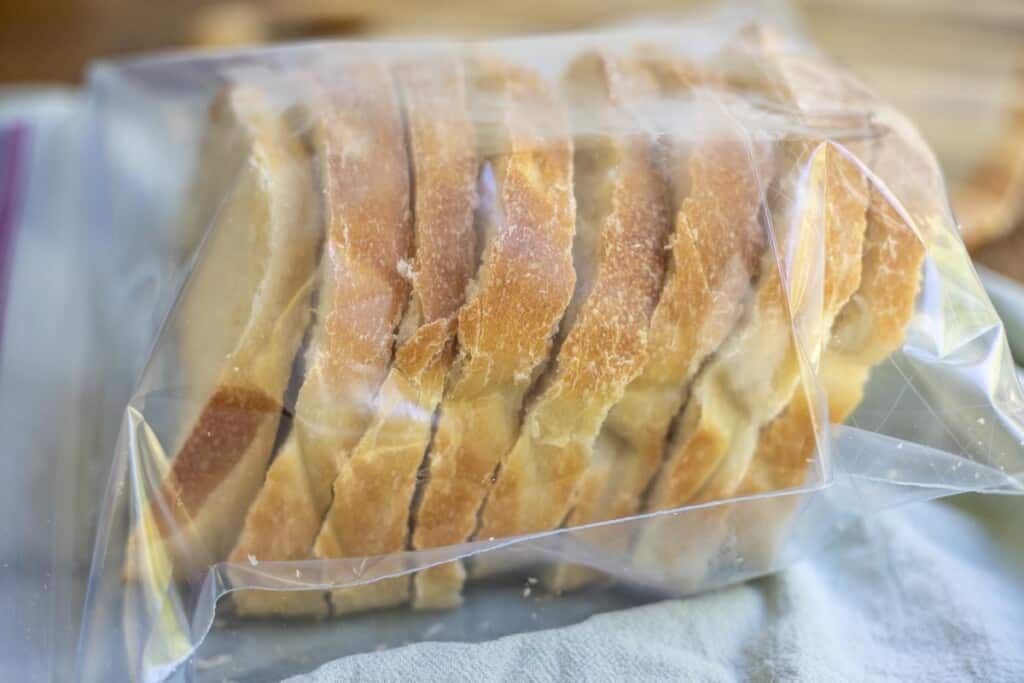 sourdough sandwich bread sliced, frozen, and placed in a ziplock bag