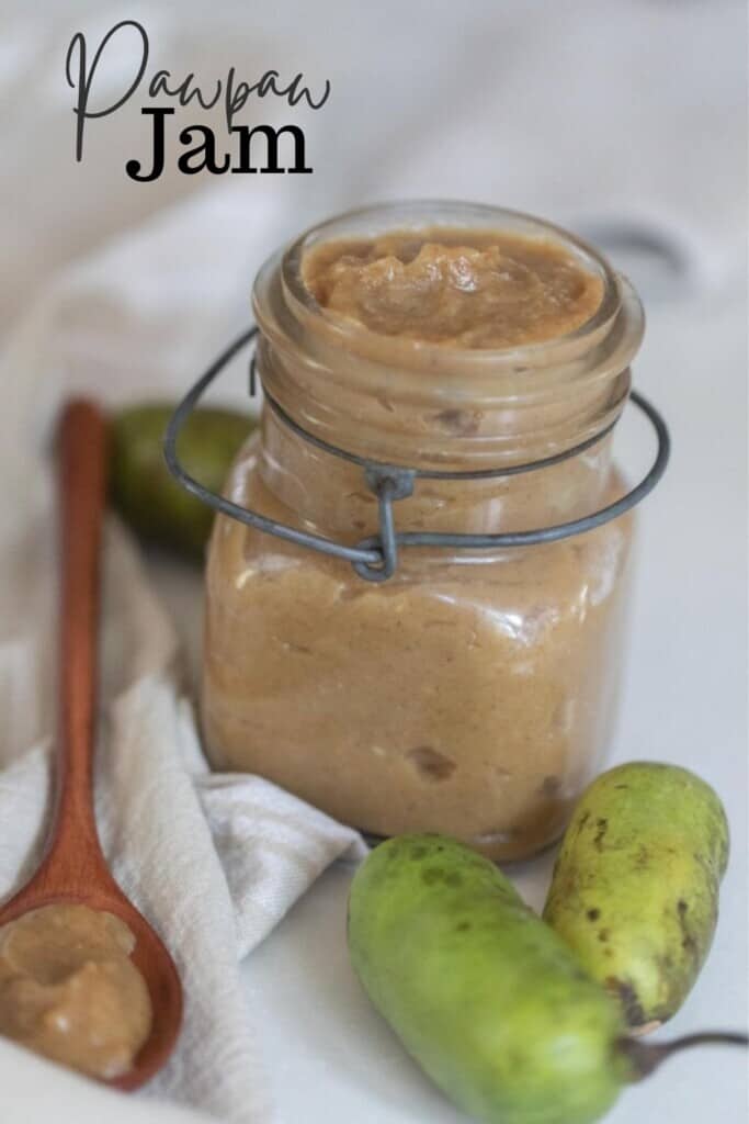 a swing top mason jar with pawpaw jam on a white towel with fresh pawpaw and a wooden spoons with jam in front of the jar