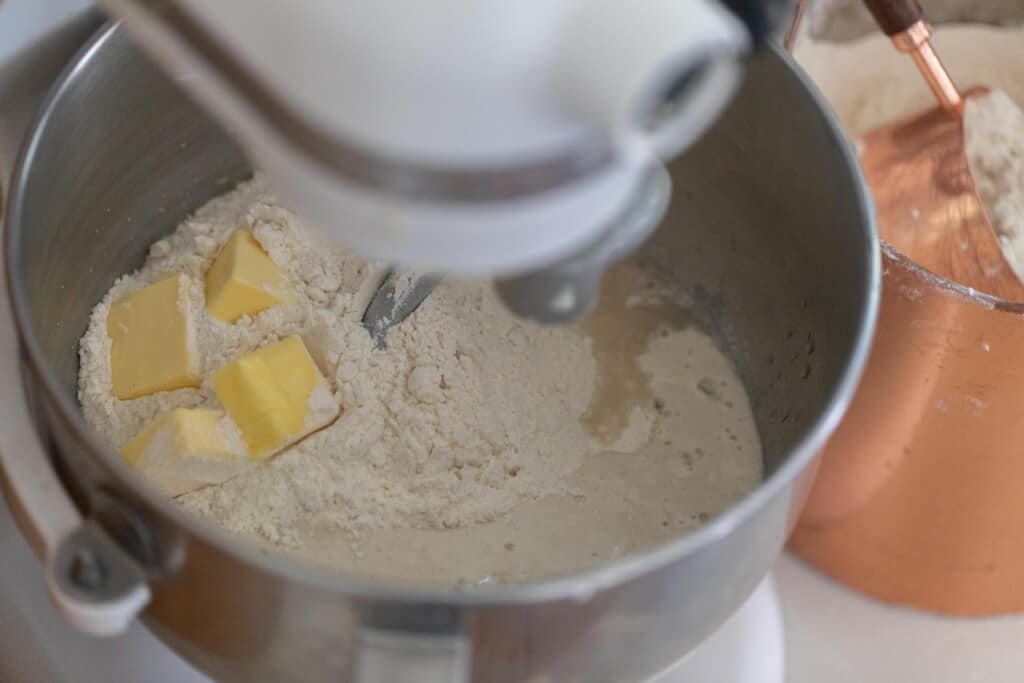 flour, butter, sourdough discard, water and yeast in a stand mixer bowl