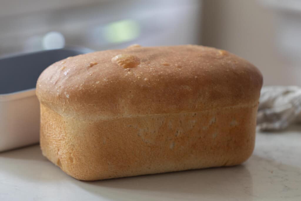 close up photo of a loaf of sourdough bread on a white countertop