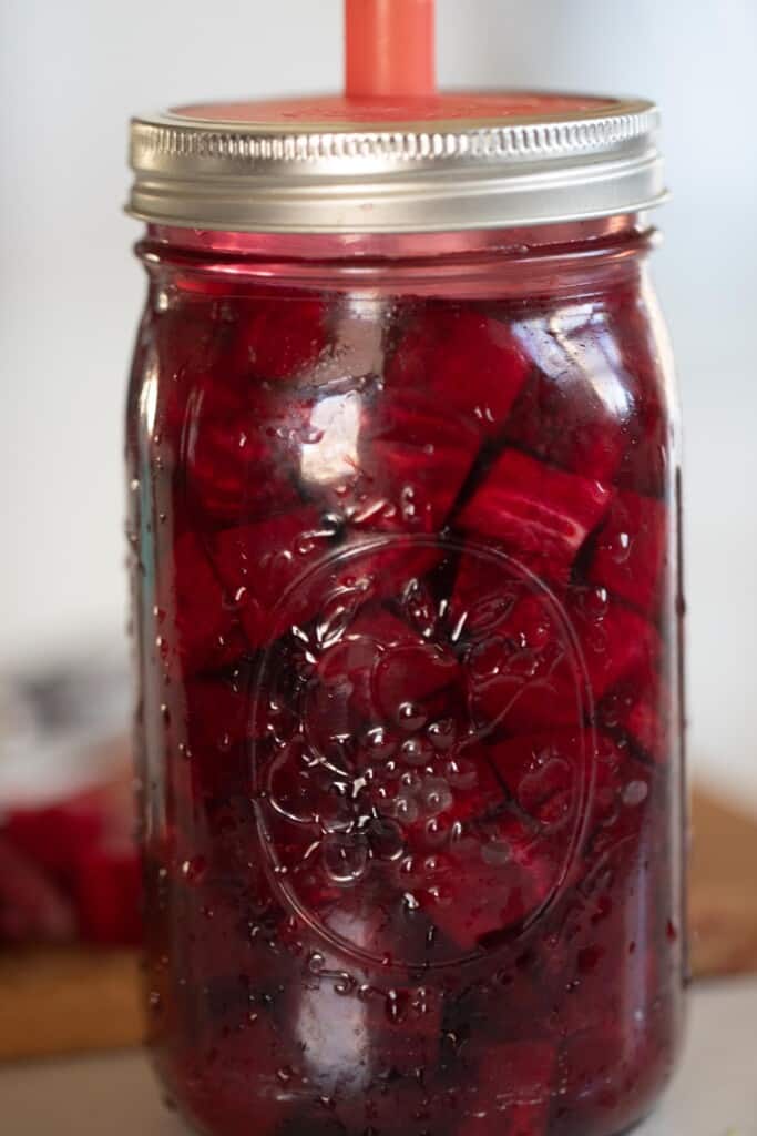 close up picture of a jar of fermented beets with a silicon fermenting lid