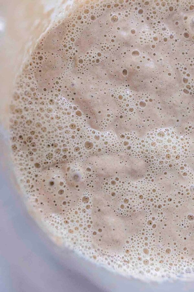 overhead photo of sourdough starter in a glass bowl