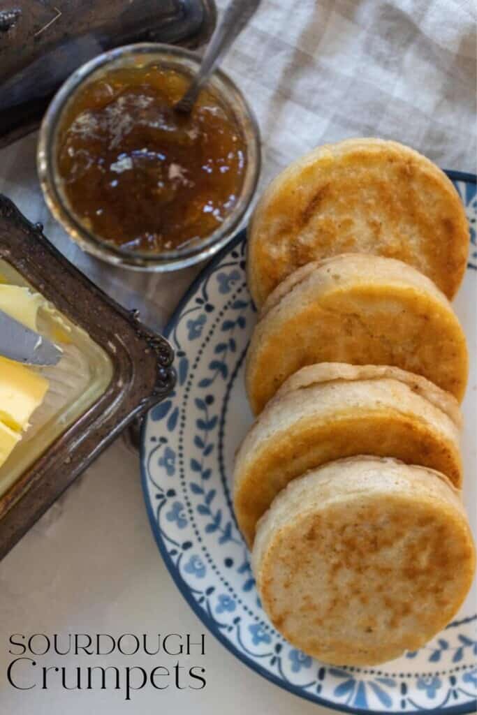 four sourdough crumpets lined up on a blue and white plate with a jar of jam to the left