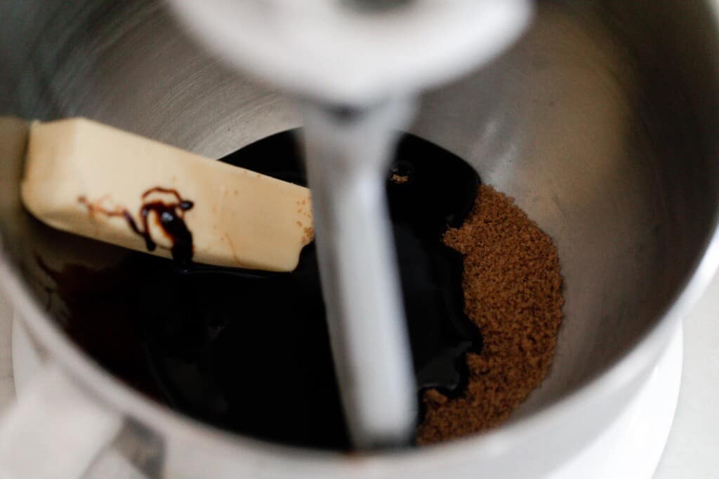 butter, suga, and molasses in a stand mixer bowl