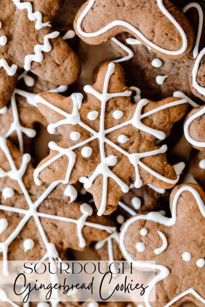 overhead photo of decorated sourdough gingerbread cookies of different shapes and sizes