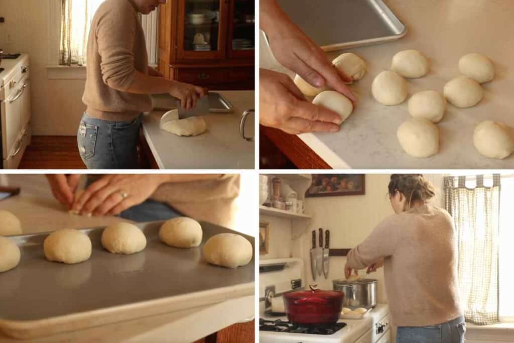 4 pictures or making sourdough pretzel buns