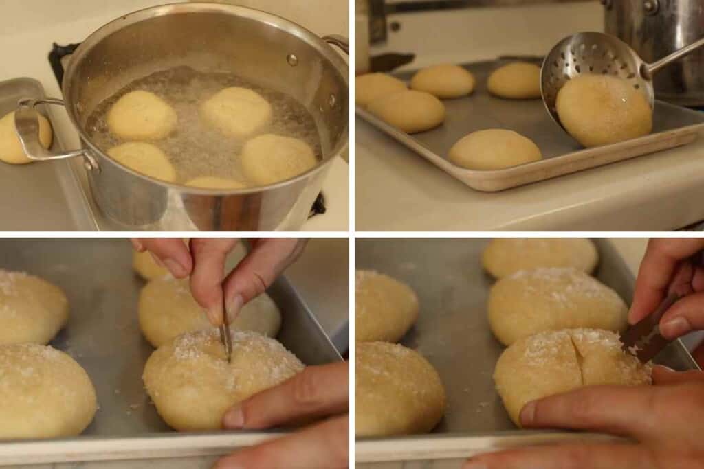 4 pictures of boiling and baking pretzel buns