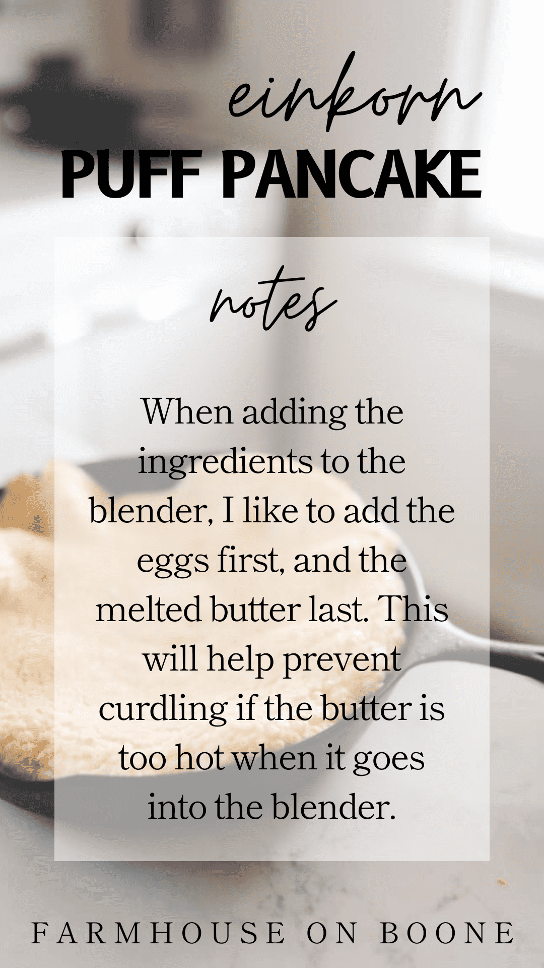 Melted butter in a fast iron skillet about to be poured over a bowl of einkorn Dutch baby batter.