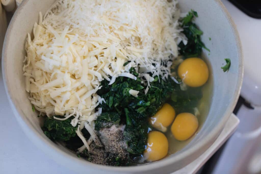 spinach filling in an ironstone bowl