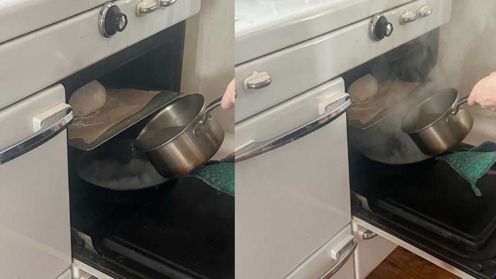 Woman adding boiling water to a cast iron skillet in a white oven