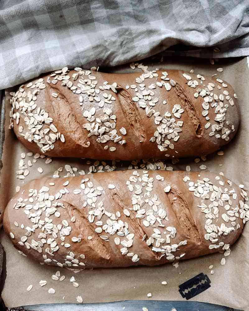 Two loaves of sourdough brown bread dough on parchment paper scored and sprinkled with rolled oats next to a checkered tea towel