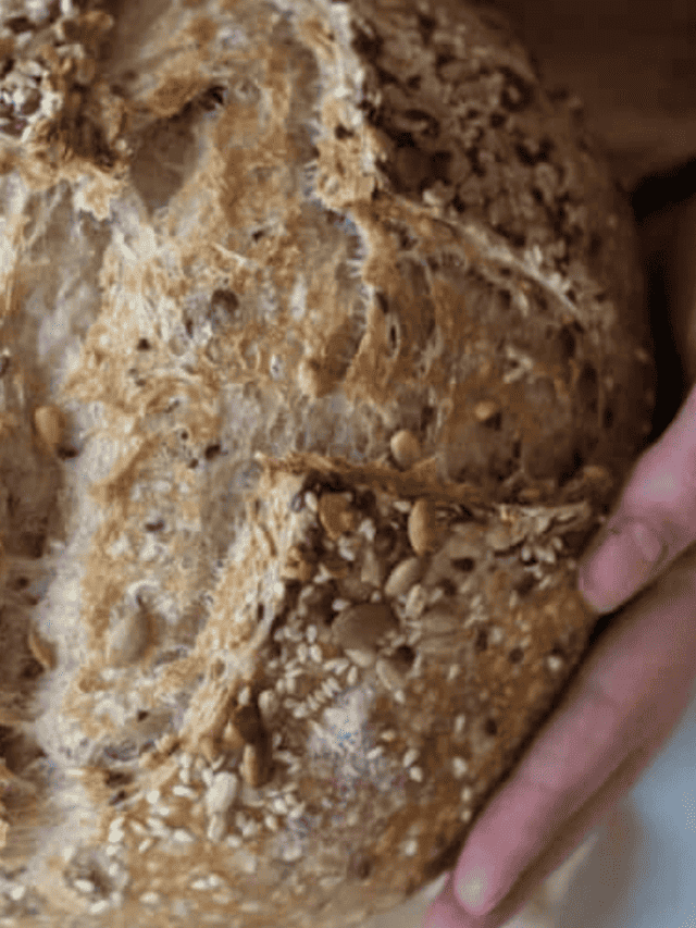 A hand holding a seeded sourdough loaf