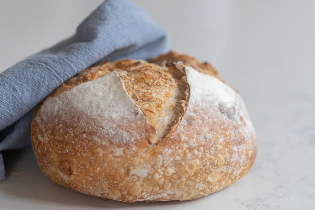 loaf of sourdough bread with a blue towel on top . The boule sits on a white countertop