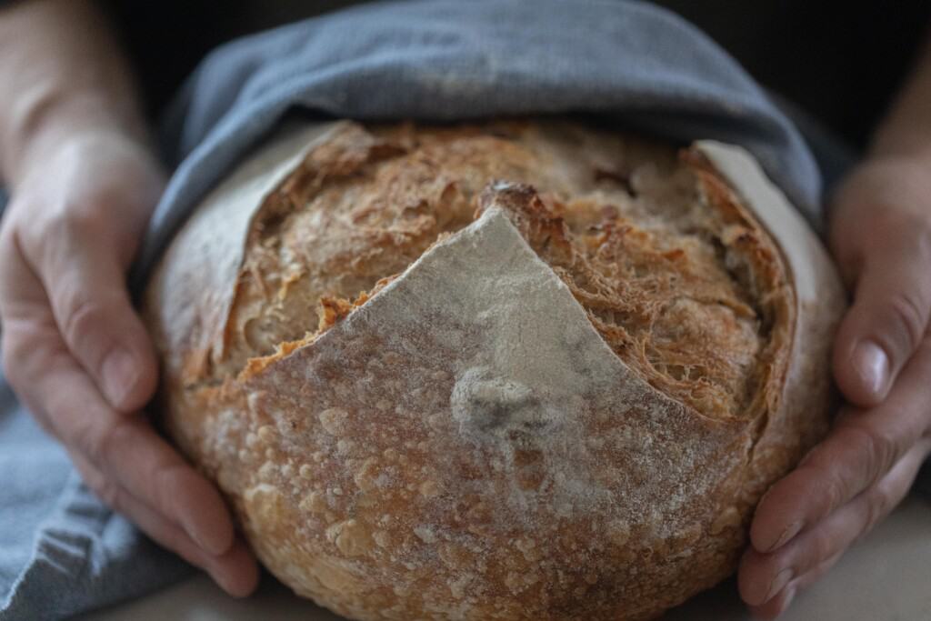 hands holding a loaf of garlic sourdough bread wrapped in a blue towel