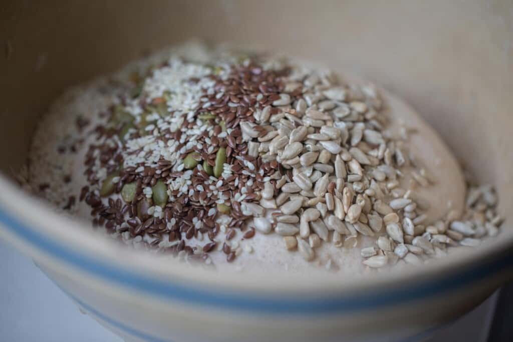 Seeded sourdough bread dough in a large bowl with seeds on top