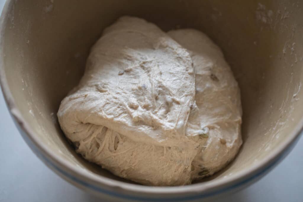 seeded sourdough bread dough in a large bowl after a stretch and fold